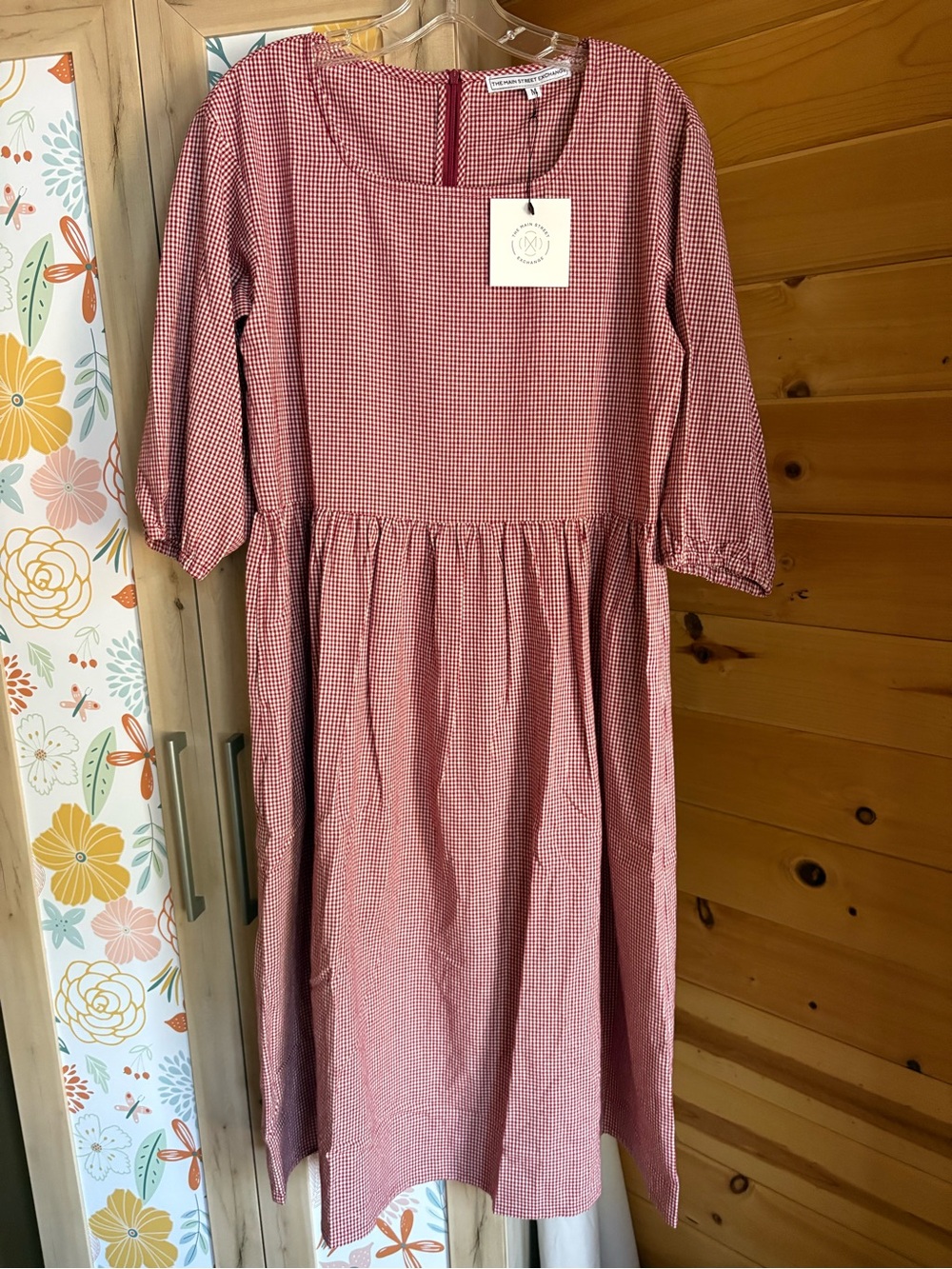 NWT The Main Street Exchange “Beth” Square Neck Midi Dress in Red/White Gingham